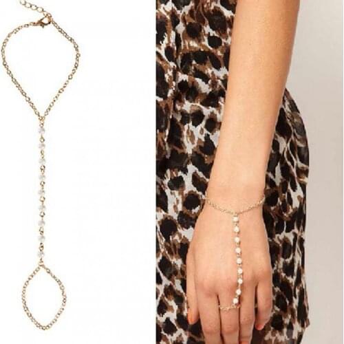 Simulated-pearl Bracelet Connected Finger Head Hand Chains Tassel Bracelets For Women Statement Summer Jewelry Gift