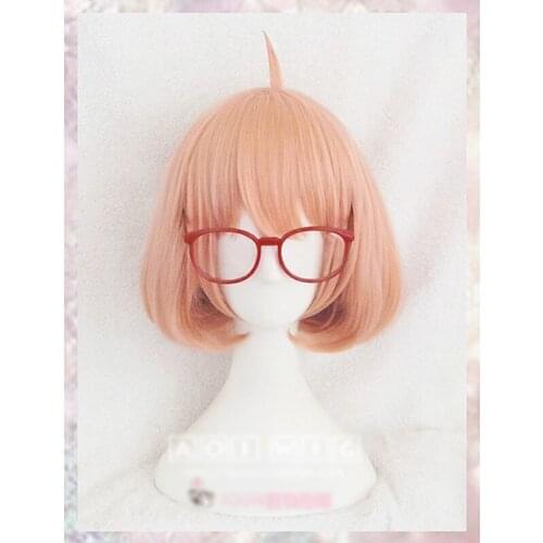 Kyokai no Kanata Kuriyama Mirai Wig Short Orange Pink Heat Resistant Synthetic Hair Cosplay Wigs + Red Glasses + Wig Cap