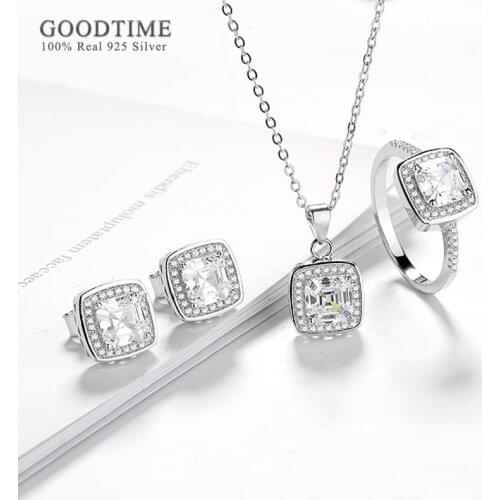 Fashion 925 Sterling Silver Bridal Jewelry Sets Square Zircon Necklace Earrings Ring Rhinestone Accessories Gift For Women Girl