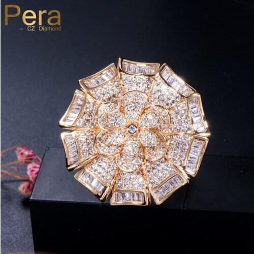 Pera Mirco Pave Geometric Cubic Zirconia Flower Shape Big Statement Gold Color Finger Rings Jewelry for Wedding Women Gift R103