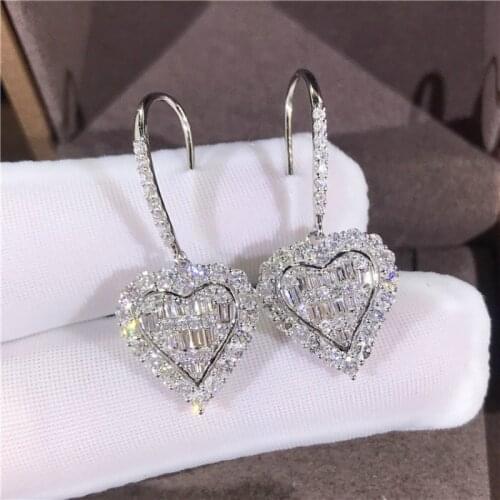 S925 Silver Drop Earrings Womens Bride Wedding Cubic Zirconia Heart Shaped Ear Hook Engagement Elegant Bride Drop Earrings