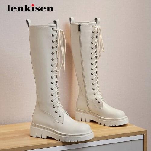 Lenkisen equestrian boots genuine leather platform cross-tied handsome round toe thick med heel zipper dress knee-high boots L81