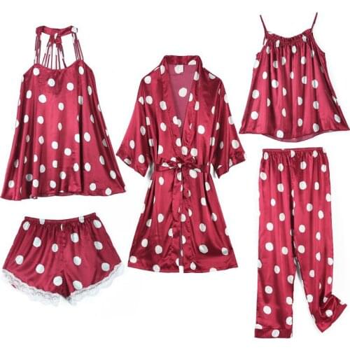 5PCS Silk Satin Sexy Lingerie Nightgowns Robes Sets for Women Summer Polka Dot Bathrobes Sleepwear Nightdress Night Dress Nighty