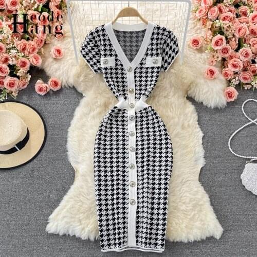 HangCode V Neck Bird Lattice Knitted Dresses Elegant Single-breasted Bodycon Office Lady Dress Casual All Match Korean Vestidos