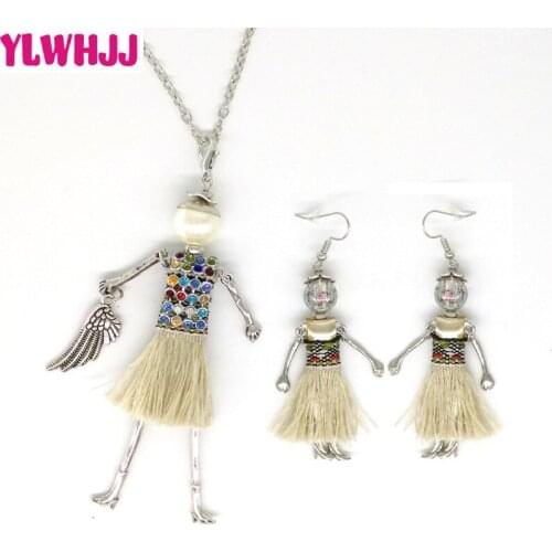 YLWHJJ fashion new women doll tassels cute maxi long Necklaces and earrings set brand earring necklace sets rhinestones jewelry