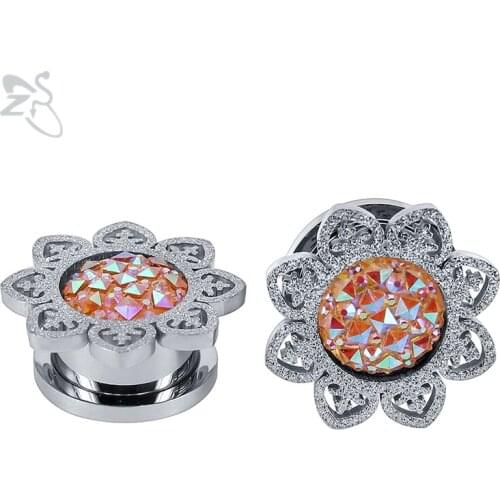 ZS Flower Shape Ear Tunnel Plug AA Polish 316 Stainless Steel Ear Expander Body piercing Jewelry Shiny Pink Crystal Ear Plugs