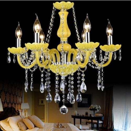 Yellow Crystal Chandelier Restaurant Hotel Bedroom Villa Lobby Pendant Lights Europe Living Room Decor Hanging Lamps