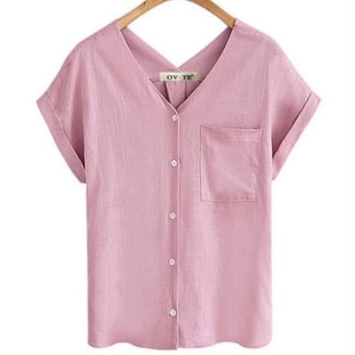 Womens V-neck Cotton Linen Blend T-shirt Shirt Ladies Single-breasted Tops