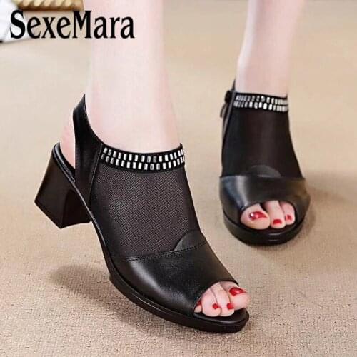 SexeMara Plus Size 35-41 Breathable Net yarn Genuine Leather Women sandals Rhinestone Peep Toe high-heeled sandals Ladies Shoes