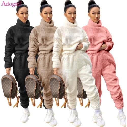 Adogirl Women Solid Plush Thick Hoodies Two Piece Set Fleece Hooded Long Sleeve Sweatshirts Top Pencil Pants Casual Tracksuit