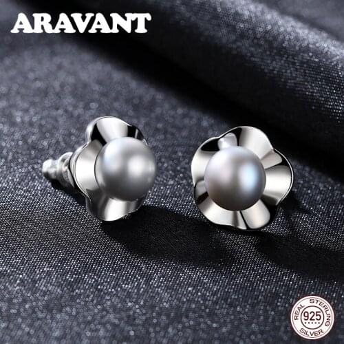 925 Sterling Silver Jewelry 6MM Pearl Stud Earring Women Small Flower Silver Earrings