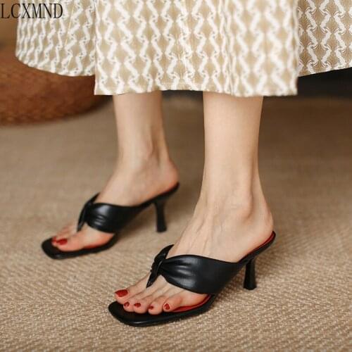 High Quality Womens Slippers 2021 Spring/summer New Square Toe Flip-flops Womens Stiletto Heels Foot Slipper Size 33-39