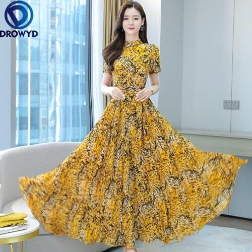 Women Floral Print Casual Short Sleeve Polyester Long Dress Thin Slim 2021 Elegant Dress Summer High Waist Party Dress Vestidos