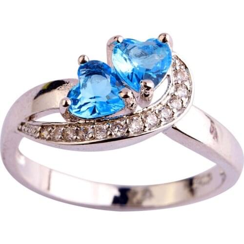 Womens Double Heart Blue Zircon Ring Charm Fashion Ring Zircon Fashion Creative Metal Ring Colorful Decoration Party Jewelry