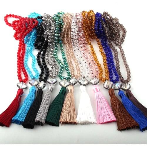 Fashion Bohemian Jewelry Glass Long Knotted Crystal Square Handmake Paved Link Tassel Necklace For Women Ethnic Necklace