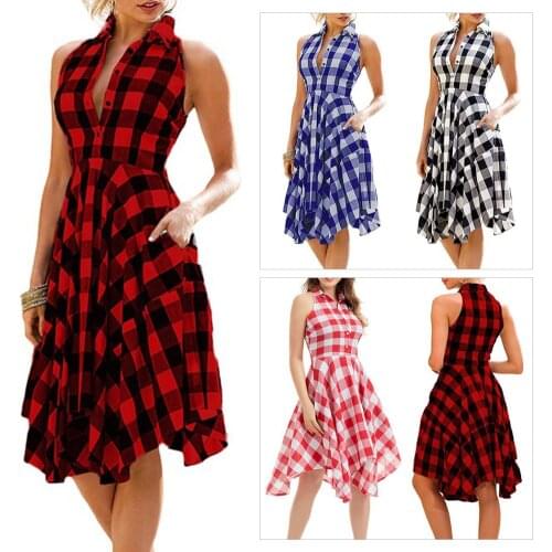 Summer Dress Lady Fashion Plaid Print Button Down Slim V Neck Sleeveless Irregular Midi Dress Casual High Waist Shirt Dress