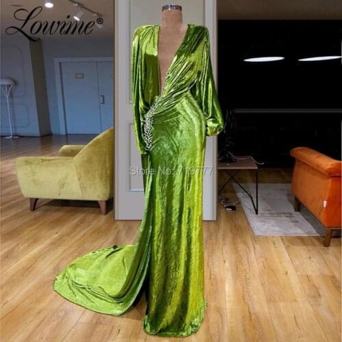 Deep V Neck Green Evening Dresses Celebrity Party Dress For Women 2019 Newest Design Velvet High Slit Prom Gowns Robe De Soiree
