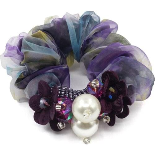 1Piece Hair Accessories for girl & women Chiffon hair Rope Super Elastic Headbands Rose with pearl & crystal Ponytail Scrunchie