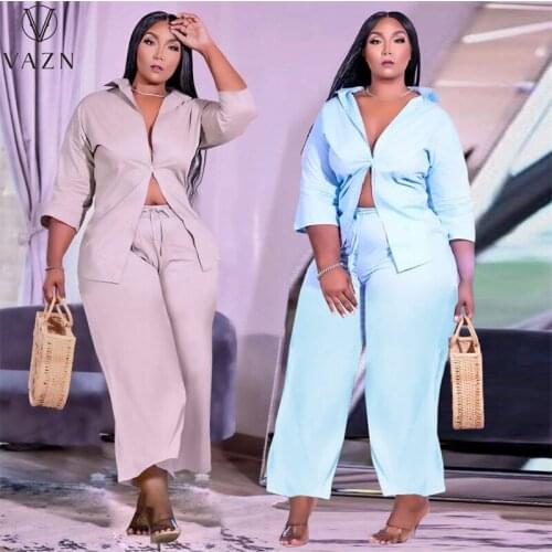 VAZN 2021 Autumn Young Overalls Plus Size Sweet Solid Simple Half Sleeve Shirt Top Long Wide Leg Pants Slim Women 2PCs Set