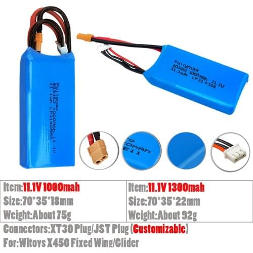 2Pcs/lot 11.1V 1000mah/1300mah Rc Lipo Battery JST XT30 Connectors (Customizable) For Wltoys X450 Fixed Wing Glider Airplane