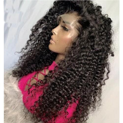 26Inch 180%Density Black Long Kinky Curly Synthetic Lace Front Wig For Women With Baby Hair Daily Wear Fiber Hair Glueless Wigs