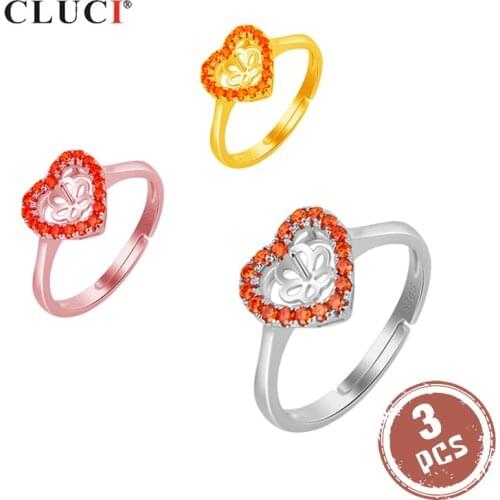 CLUCI 3pcs 925 Sterling Silver Women Engagement Rings Silver 925 Pearl Ring Mounting Adjustable Heart Zircon Rings SR2155SB