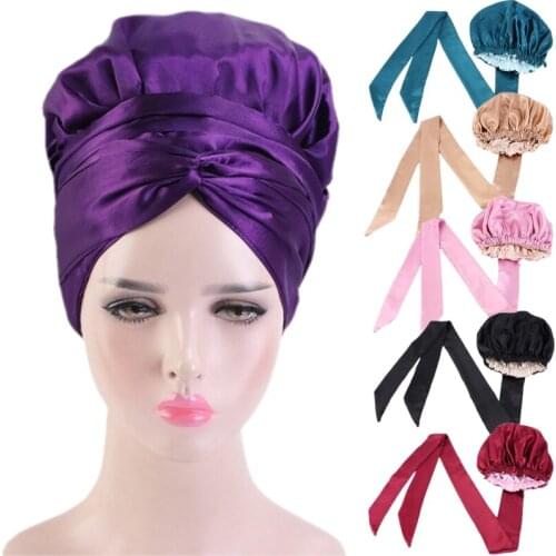 African Sleeping Cap Night Satin Sleep Cover for Women Solid Color Long Hair Elastic Bonnets with Ribbon Hats Double Layer