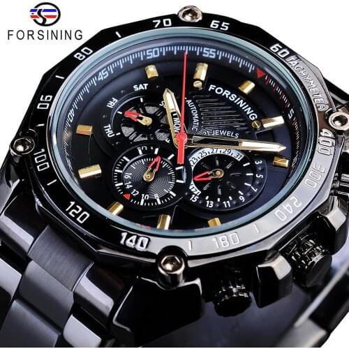 Forsining Relogio Masculino Mens Automatic Watches Sport Casual Waterproof 3 Dial Calendar Mechanical Stainless Steel Band Watch