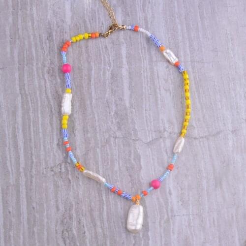 Choker rainbow seed beads real natural Baroque freshwater pearl pendant necklace erkek kolye necklace women jewelry bijoux femme