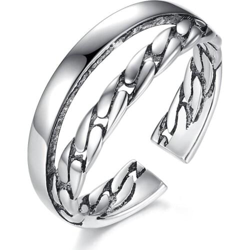 Chain Double Layer Vintage Punk Adjustable Thai Silver Color Ring For Women Mens Korean Trendy Simple Tibetan Jewelry