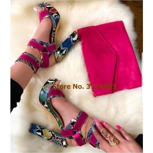 European Women Sexy Snakeskin Platform Dress Sandals Chunky Heels Buckle Strap Wedding Shoes Metal Decorated Opent Toe Shoes