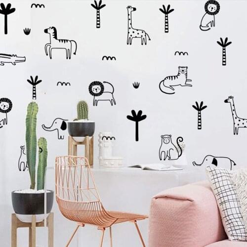 Cartoon Africa Zoo Palm Tree Jungle Animal Wall Sticker Tiger Lion Giraffe Wildlife Adventure Wall Decal Kids Room Vinyl Decor