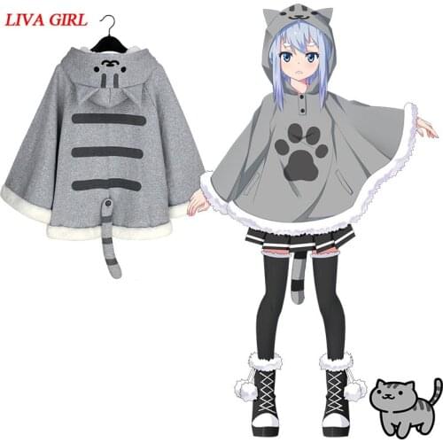 Harajuku Neko Atsume Cosplay Cloak Winter Cute Cat Hoodies Coat Daily Fleece Cloak Xmas Gift Lolita Tops 2 colors