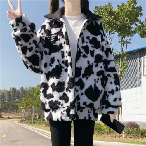 Sweet Kawaii White Cow Printed Women Jacket Autumn Winter Oversized Cardigan Lamb Thicken Keep Warm Ladies Coat Outerwear Female