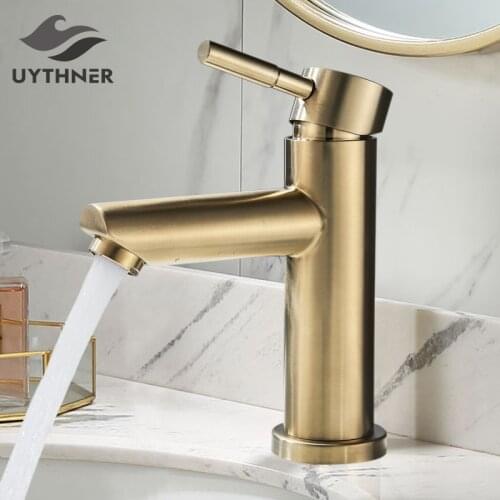 Brushed Gold Bathroom Faucet Solid Brass Bathroom Basin Faucet Cold And Hot Water Mixer Sink Tap Single Handle Deck Mounted Tap