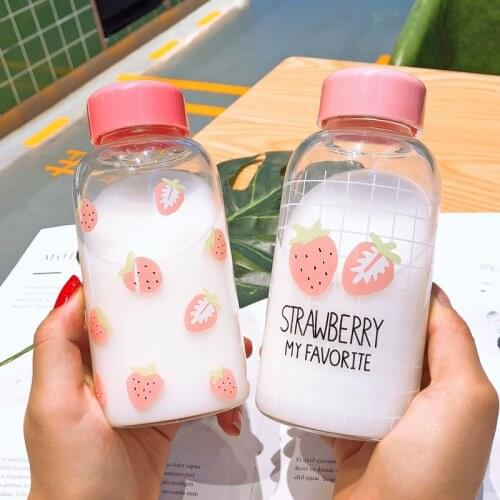 Kawaii Strawberry Water Bottle Cartoon Cute Transparent Glass Cup With Protective Case Drinking Bottle for Girl Student Gifts