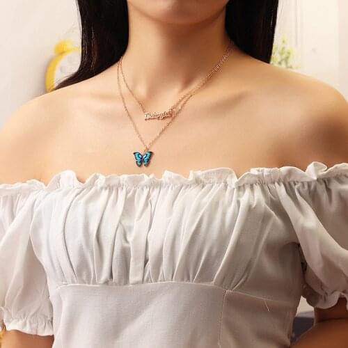 Cute Women Butterfly Pendant Necklaces Female Gold Babygirl Letter Multi-layer European Simple Choker Necklace Jewelry For Girls