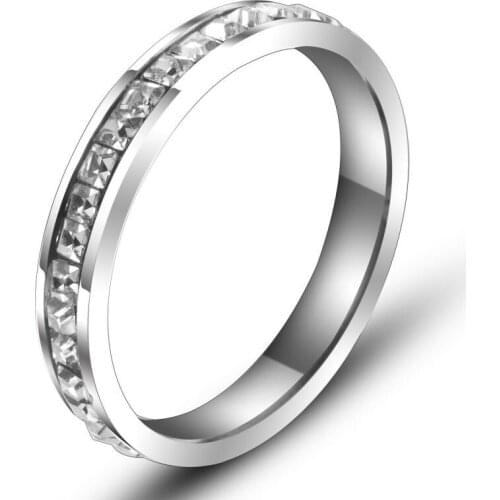 QianBei 4MM Fashion New Style White CZ Cubic Zircon Rings Silver Stainless Steel Ring Men Women Valentine Birthday Gift Jewelry