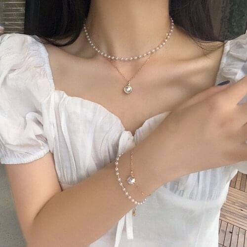 New Fashion Korean Wave Pearl Necklace Cute Double Chain Gold Silver Necklace Bracelet Pendant Lady Pendant Jewelry Gift Jewelry