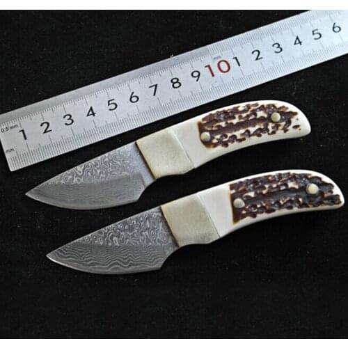 Outdoor Straight Knife Mini Antlers Damascus Small Straight Knife Camping Self-defense Wilderness Survival Knifes