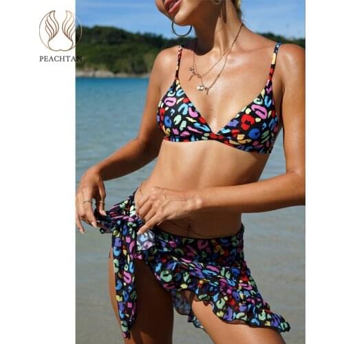 Peachtan sexy bikini Print swimwear women 2021 Skirts swimsuit womens swimming suit Triangle 3 pieces set bathing suit bikinis
