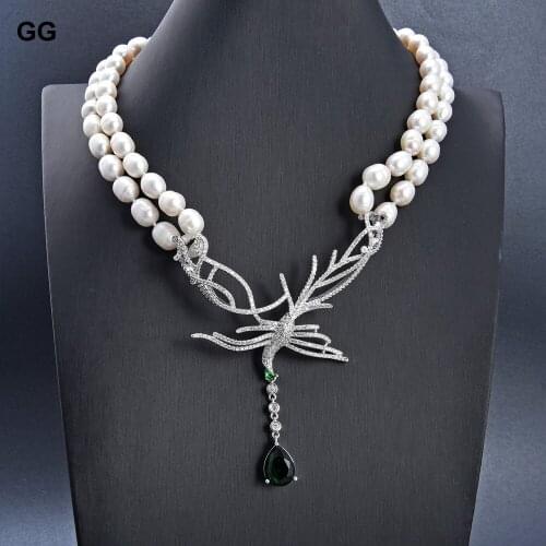 JK 19''-20" 2 Strands Cultured White Rice Pearl Green Crystal Necklace CZ Pendant