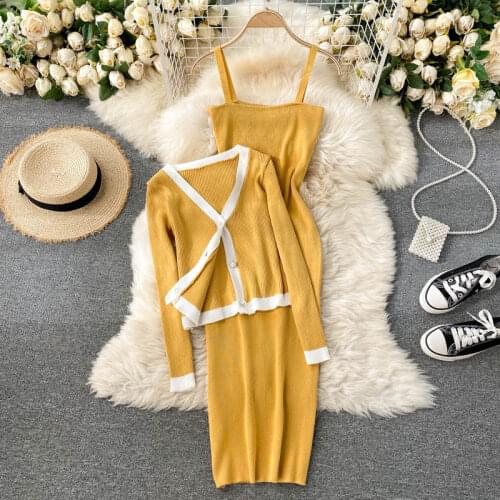 Knitted Dress Suit 2021 New Lady Cardigan Jacket All-Match Suspender Dress Gentle Wind Two Piece Set Fashion Slim Outfit zh1570