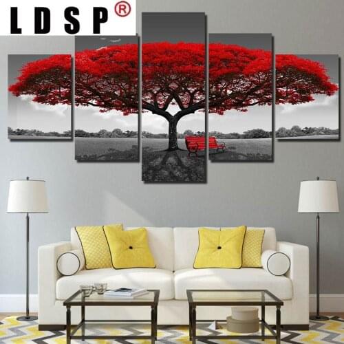 LDSP Spectacular 5 Panel Print Poster Canvas Art Red Tree Scenery Modular Plant Pictures Wall Pictures for Living Room Decor