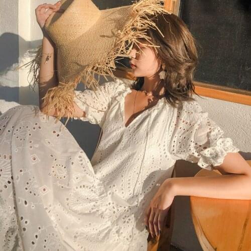 Hollow out embroidered white dress women summer slim long skirt super fairy Bohemian holiday skirt fasion