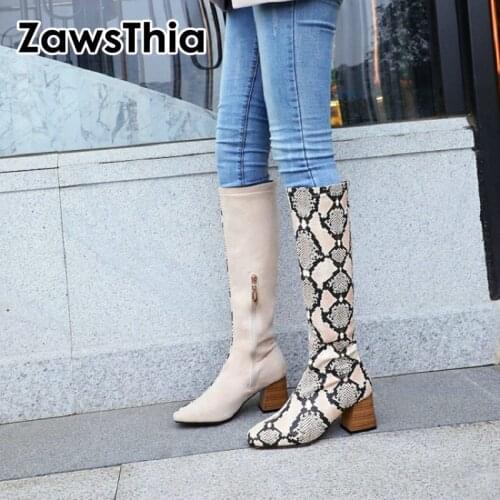 ZawsThia 2020 winter stylish half solid color half snake skin print woman boots chunky high heels sexy zipper knee high boots