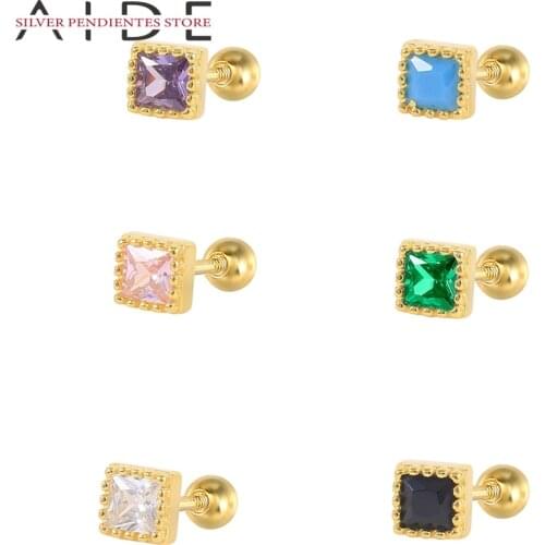 AIDE 1PCS Mini 925 Silver Stud Earrings For Women Turquoise Green CZ Zircon CrystalEarrings Wedding Piercing Jewelry Pendientes