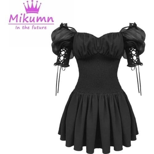 Gothic Lolita Dress Summer Women Lace Up Short Sleeve Sexy Black Mini Dresses A-Line High Waist Punk Girls Short Dress Vestidos