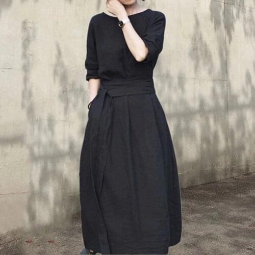 Women Dress Summer 2021 New Bohemian Retro Linen Dresses Solid O-Neck Banquet Dress Black Cotton Elegant Vintage Womens Dress