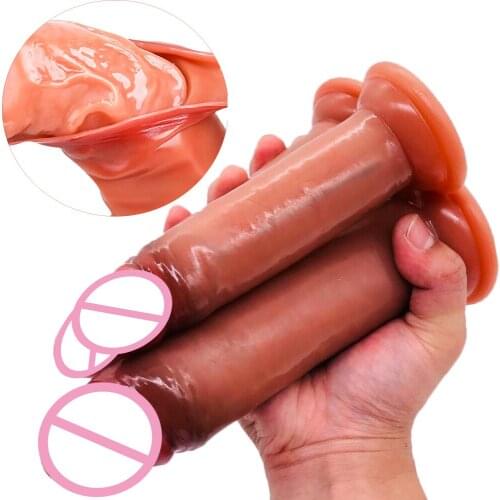 Liquid Silicone Large Realistic Penis Double Skin Dildo Suction Cup Sliding Foreskin Big Cock Female Strapon Masturbator Sex Toy